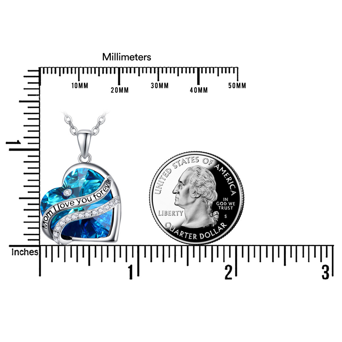 Sterling Silver Heart Blue Crystal Pendant Necklace Engraved Mom I Love You Forever-5
