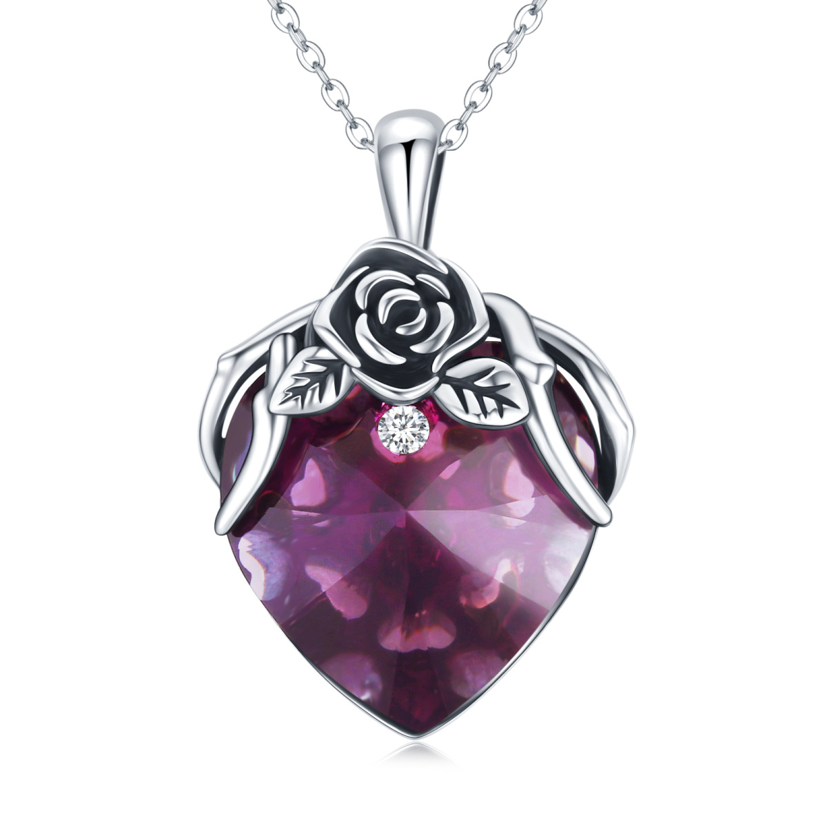 Sterling Silver Heart Shaped Rose & Heart Crystal Pendant Necklace-1