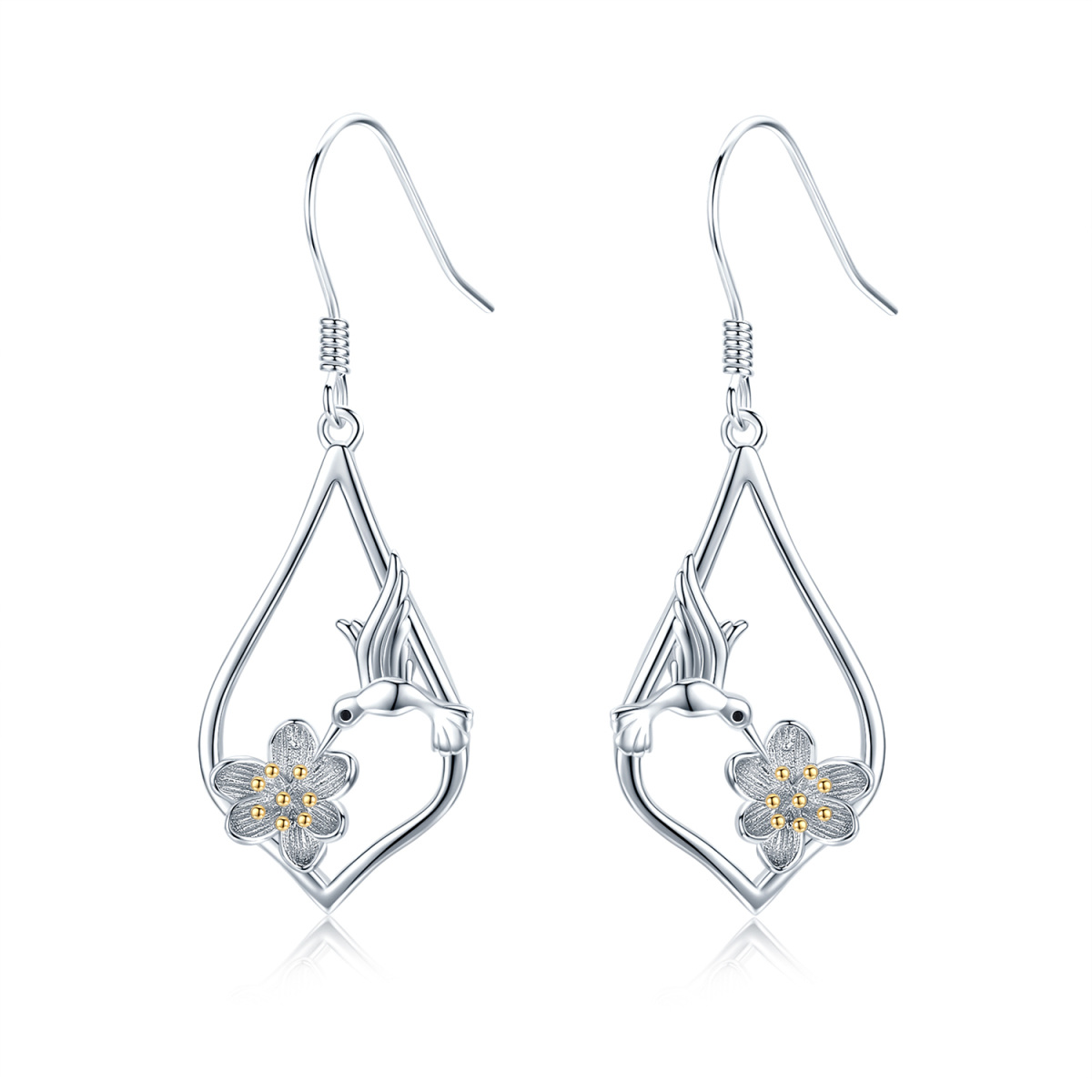 Sterling Silver Hummingbird & Lotus Drop Earrings-1