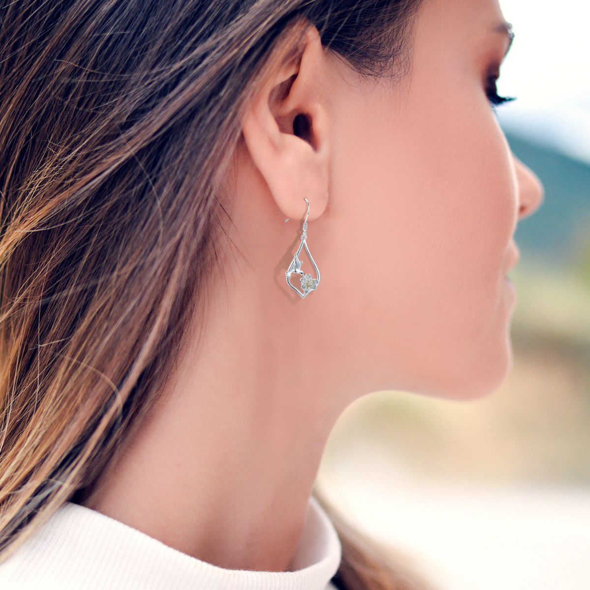 Sterling Silver Hummingbird & Lotus Drop Earrings-2