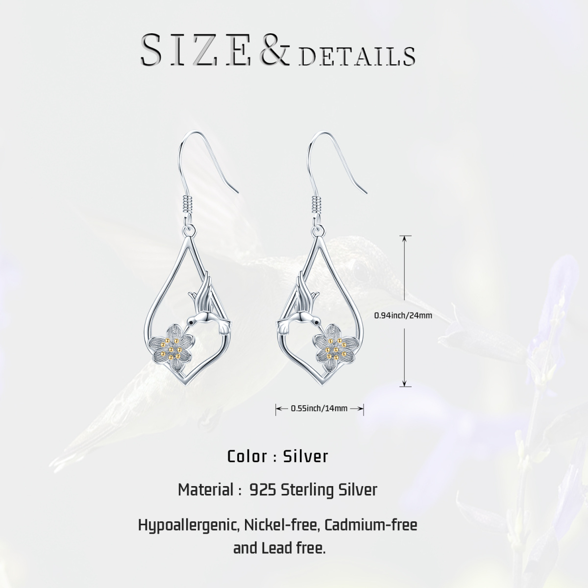 Sterling Silver Hummingbird & Lotus Drop Earrings-5