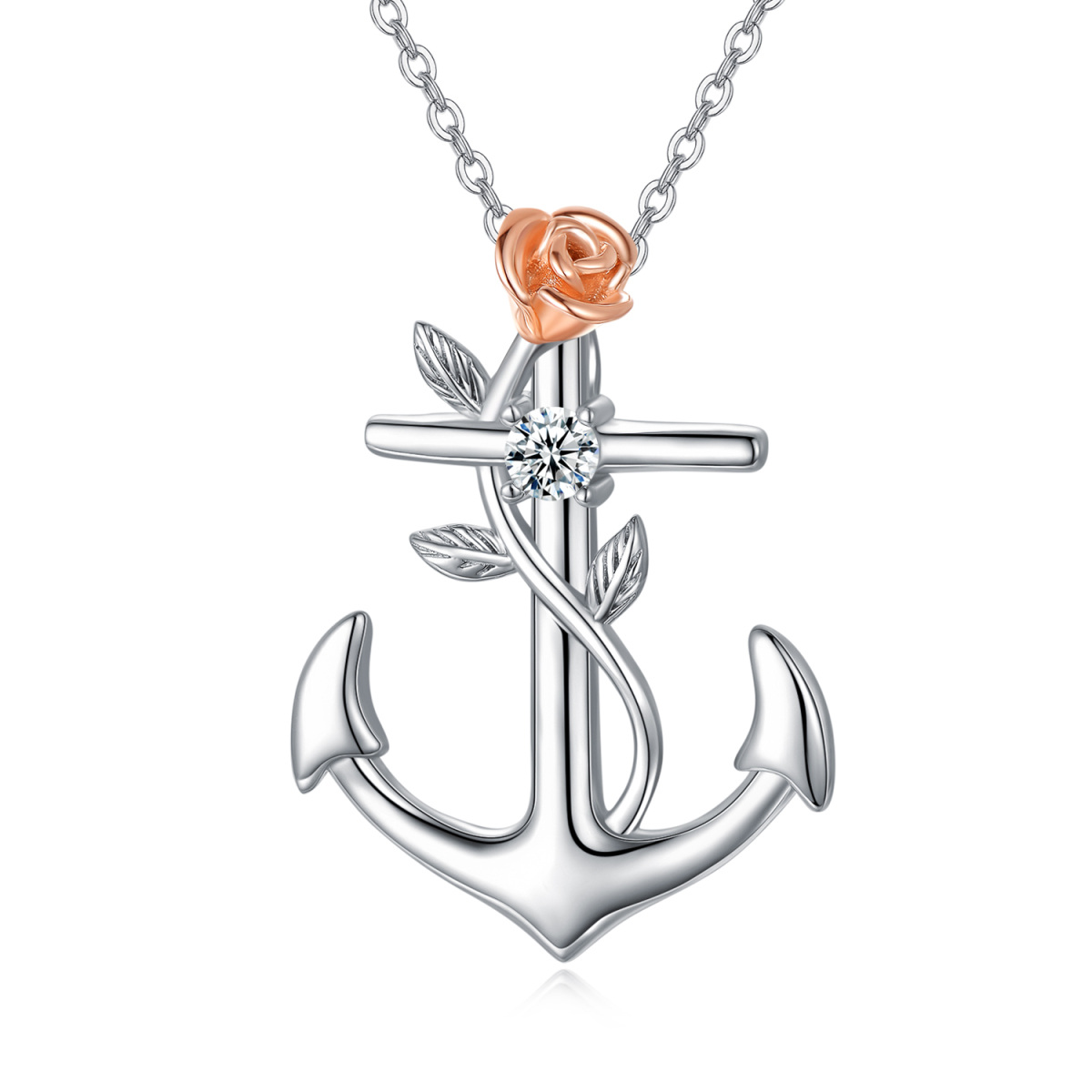 Sterling Silver Two-tone Circular Shaped Cubic Zirconia Rose & Anchor Pendant Necklace-1
