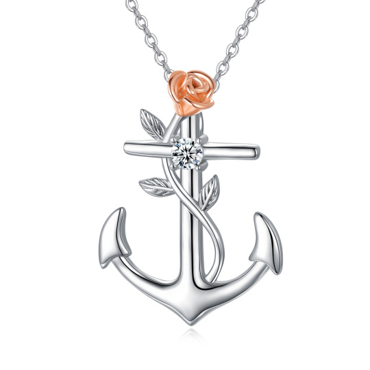 Sterling Silver Two-tone Circular Shaped Cubic Zirconia Rose & Anchor Pendant Necklace