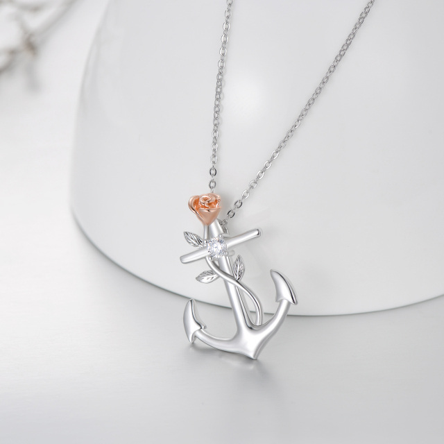 Sterling Silver Two-tone Circular Shaped Cubic Zirconia Rose & Anchor Pendant Necklace-3