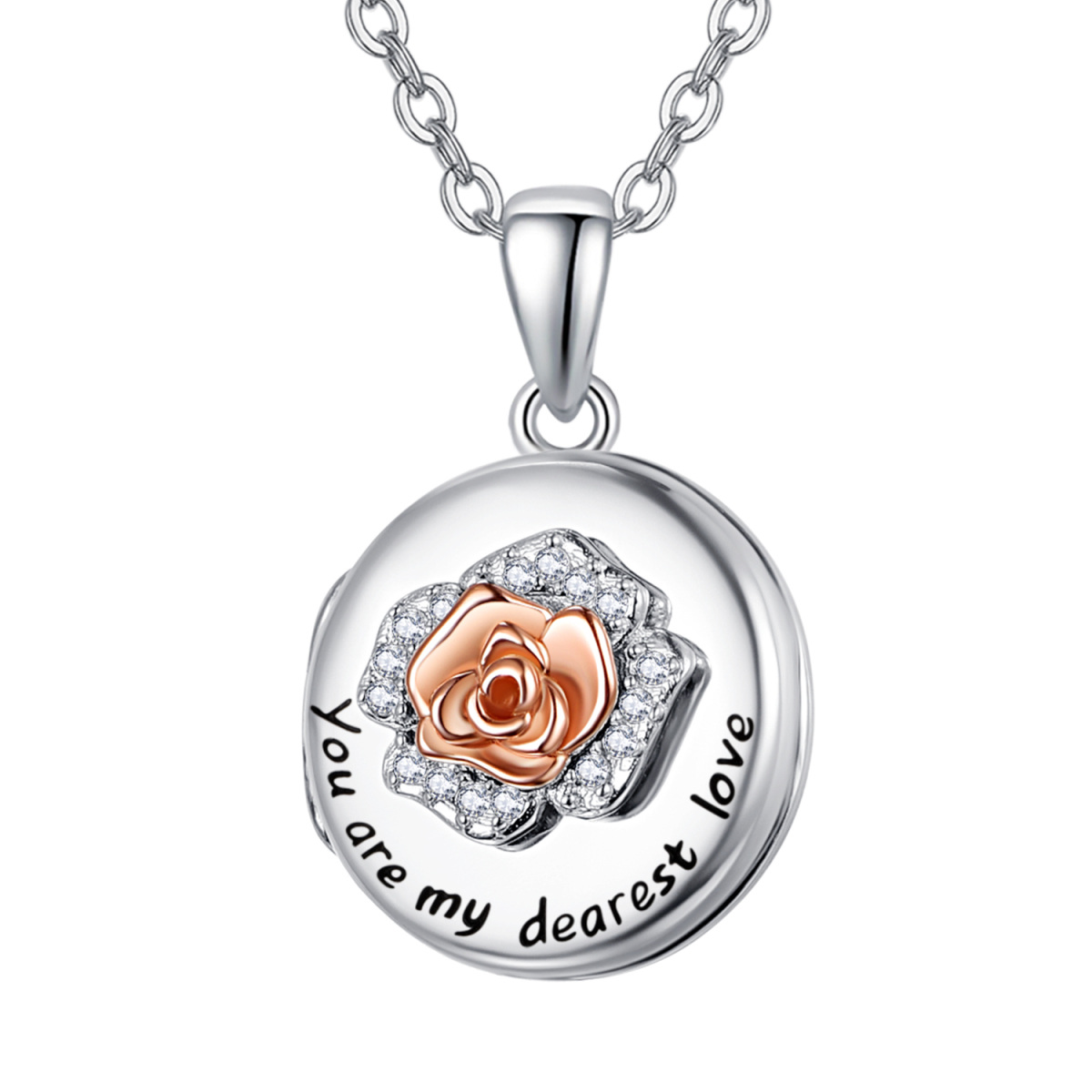 Sterling Silver Rose Personalized Photo Locket Necklace with Engraving word-1