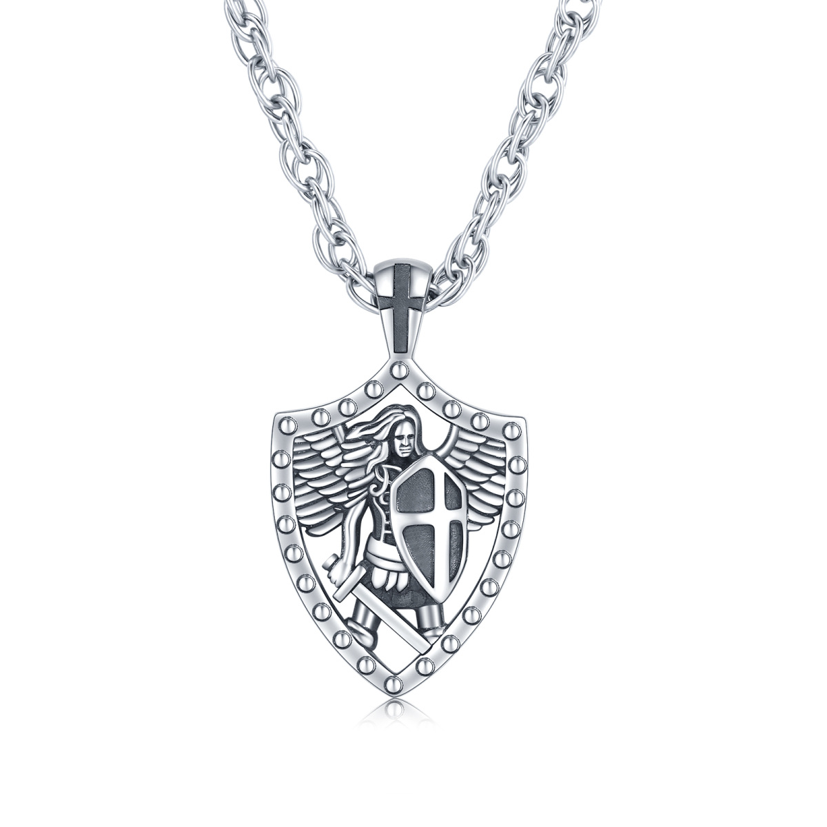 Sterling Silver Cross & Saint Michael & Sword Pendant Necklace-1