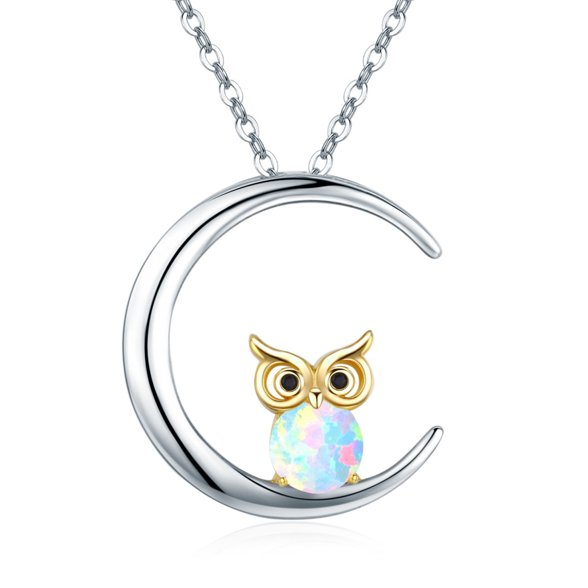 Sterling Silver Two-tone Opal Owl & Moon Pendant Necklace-1