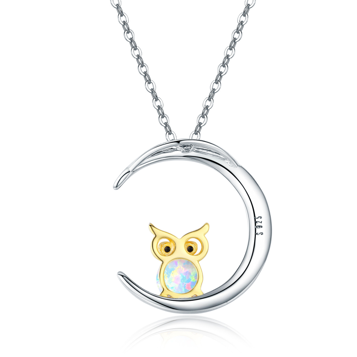 Sterling Silver Two-tone Opal Owl & Moon Pendant Necklace-5