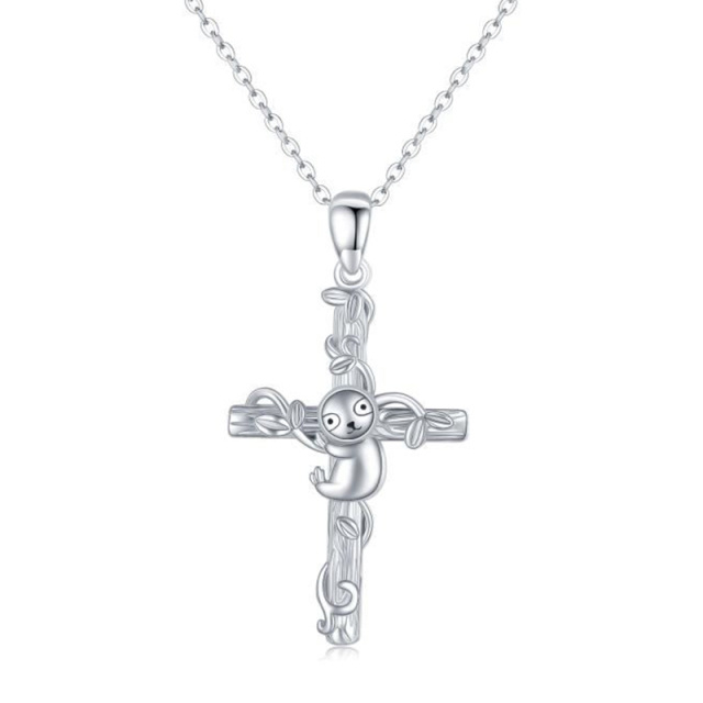 Sterling Silver Sloth & Cross Pendant Necklace-1