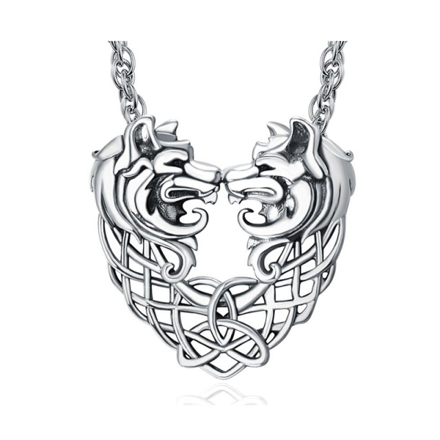 Wolf Halskette Sterling Silber Wolf Anhänger Keltischer Knoten Doppelwolf Schmuck Geschenke für Frauen Mann-0