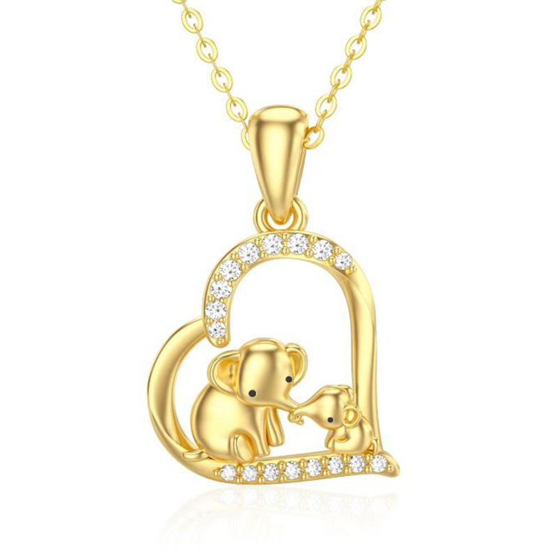 14K Gold Cubic Zirconia Elephant & Parents & Children & Heart Pendant Necklace-1