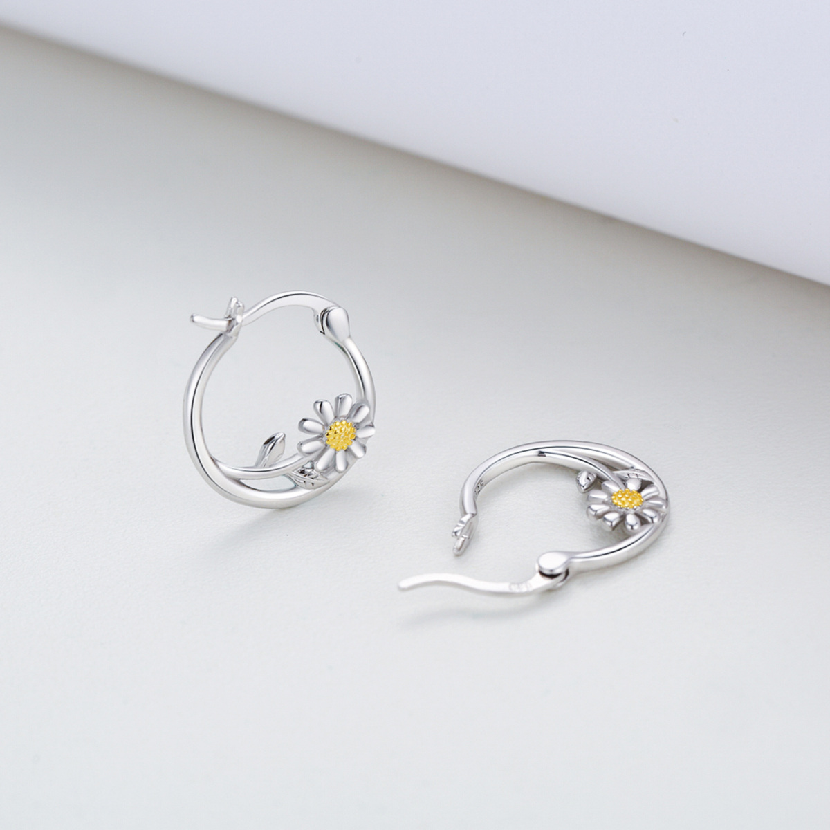 Sterling Silver Two-tone Daisy Hoop Earrings-5