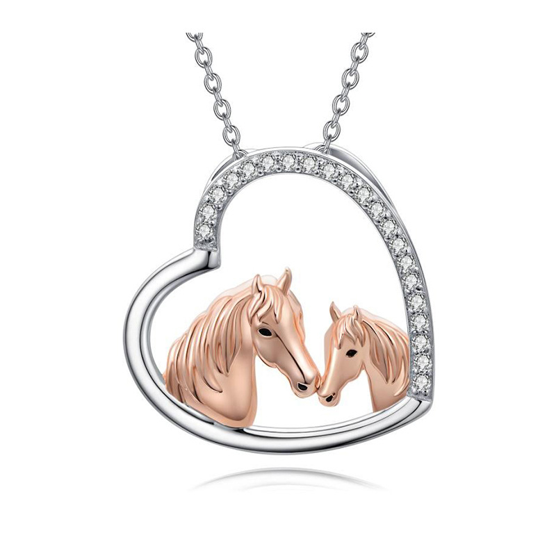 Sterling Silber zweifarbig kreisförmig Cubic Zirkonia Pferd & Herz-Anhänger Halskette-1