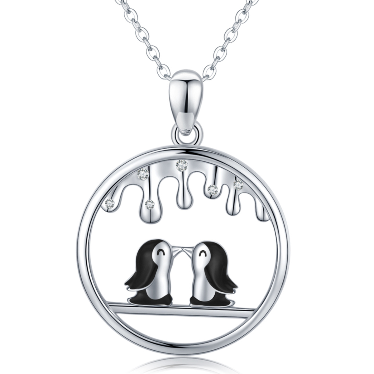 Sterling Silver Two-tone Cubic Zirconia Penguin Lover Pendant Necklace-1