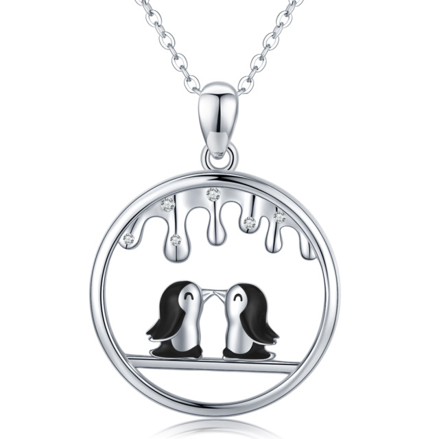Sterling Silber zweifarbig Cubic Zirkonia Pinguin Lover Anhänger Halskette-0