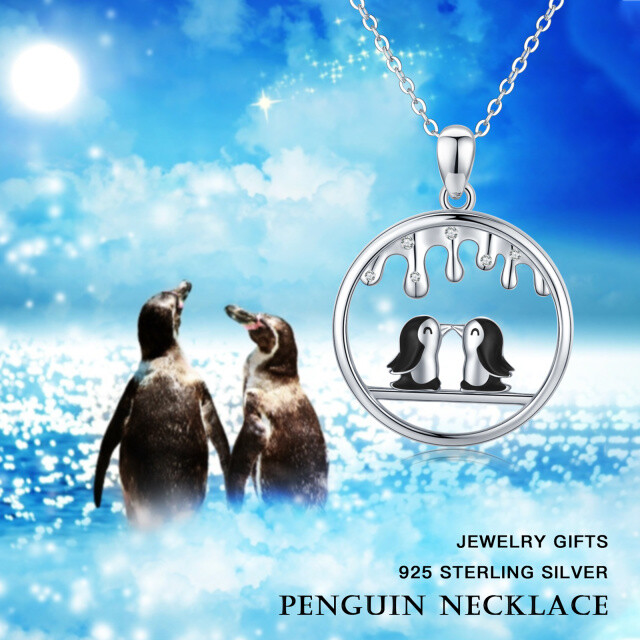 Sterling Silver Two-tone Cubic Zirconia Penguin Lover Pendant Necklace-6