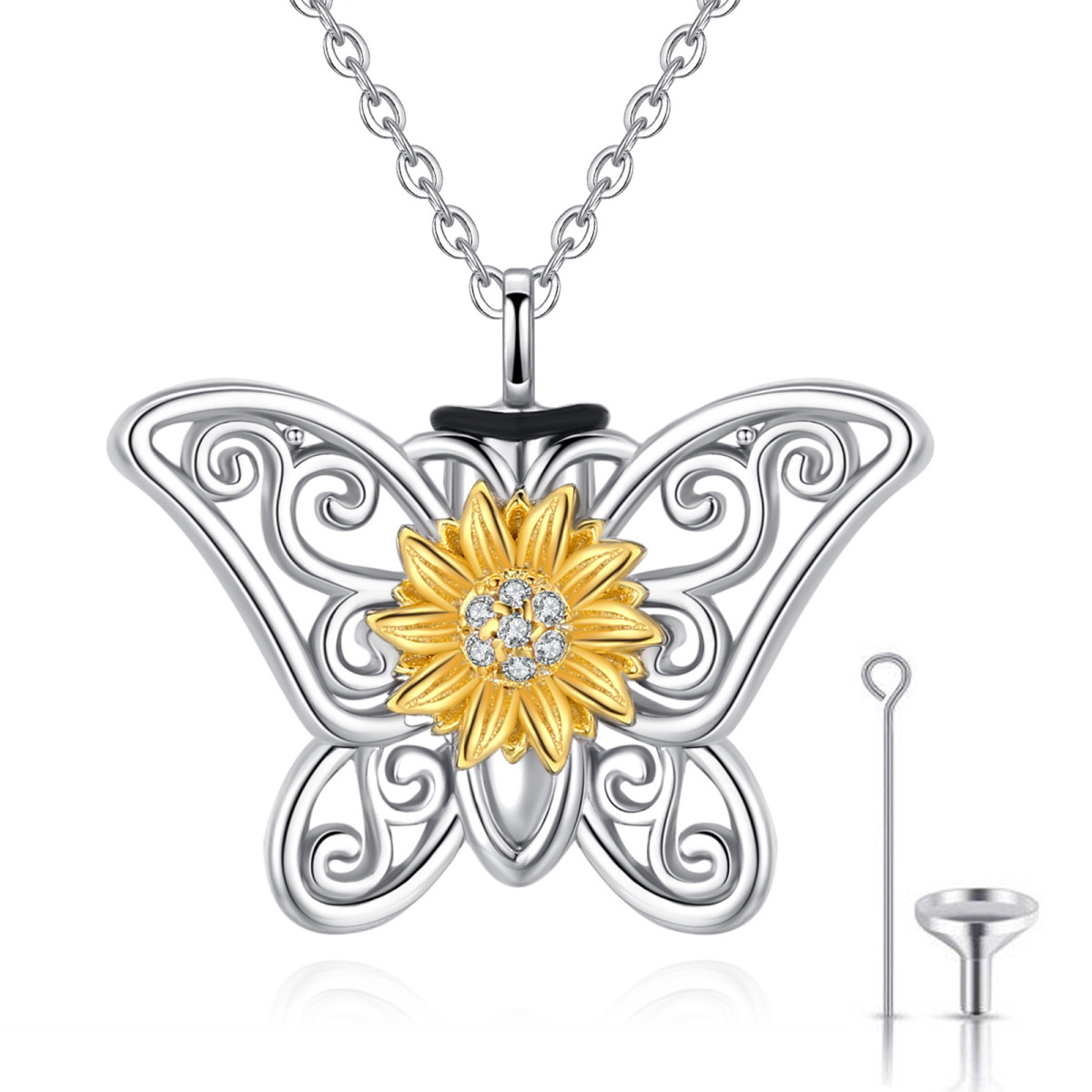 Sterling Silver Two-tone Cubic Zirconia Butterfly & Sunflower Urn Necklace for Ashes-1