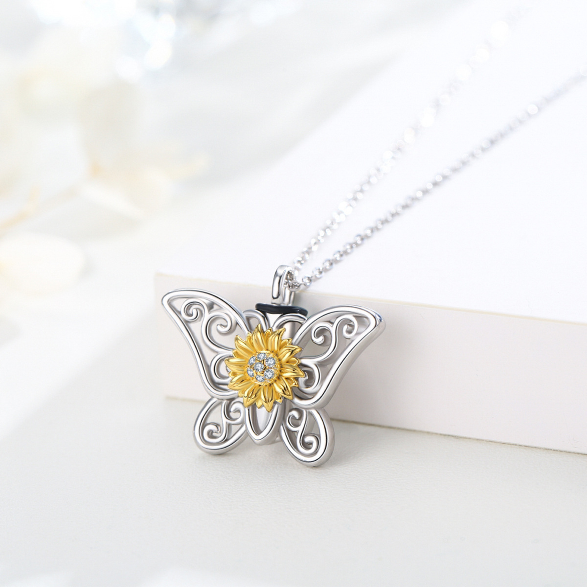 Sterling Silber Zweifarbige Cubic Zirkonia Schmetterling & Sonnenblume Urne Halskette-3