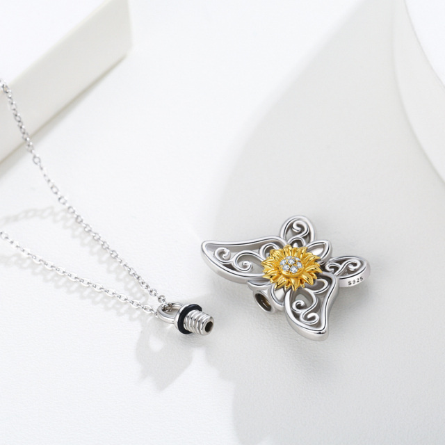 Sterling zilveren tweekleurige Cubic Zirconia vlinder & zonnebloem Urn ketting voor as-4