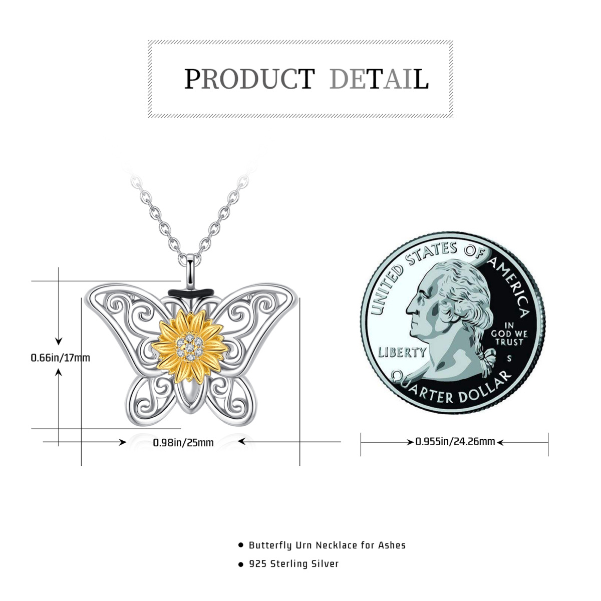 Sterling Silver Two-tone Cubic Zirconia Butterfly & Sunflower Urn Necklace for Ashes-6