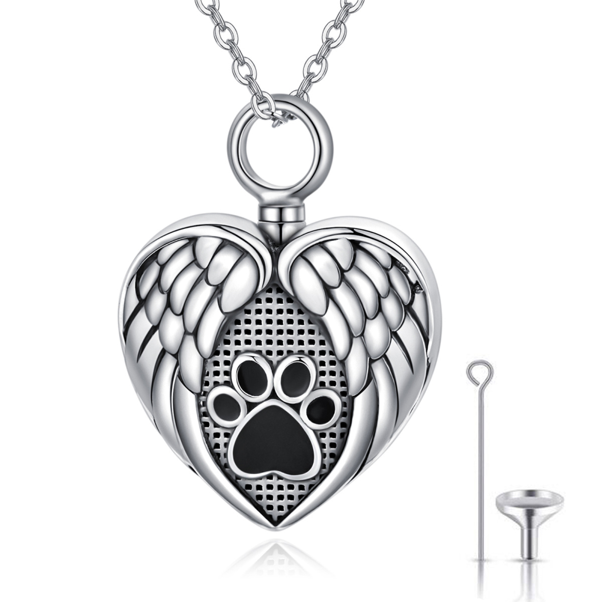 Sterling Silver Paw & Angel Wing & Heart Urn Necklace for Ashes-1