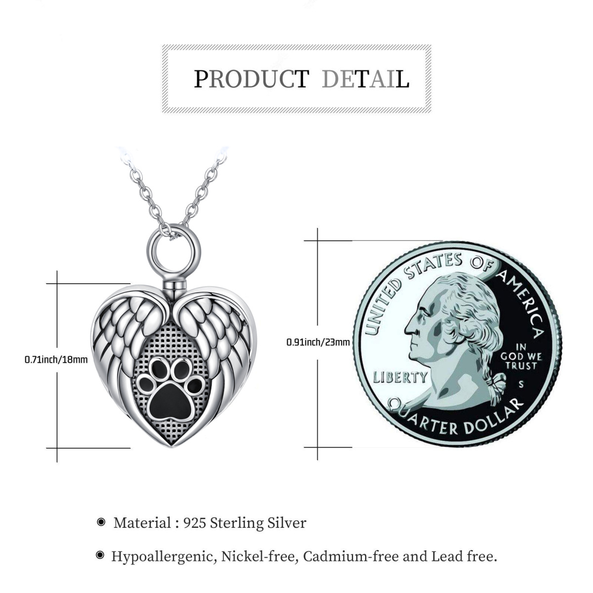 Sterling Silver Paw & Angel Wing & Heart Urn Necklace for Ashes-7