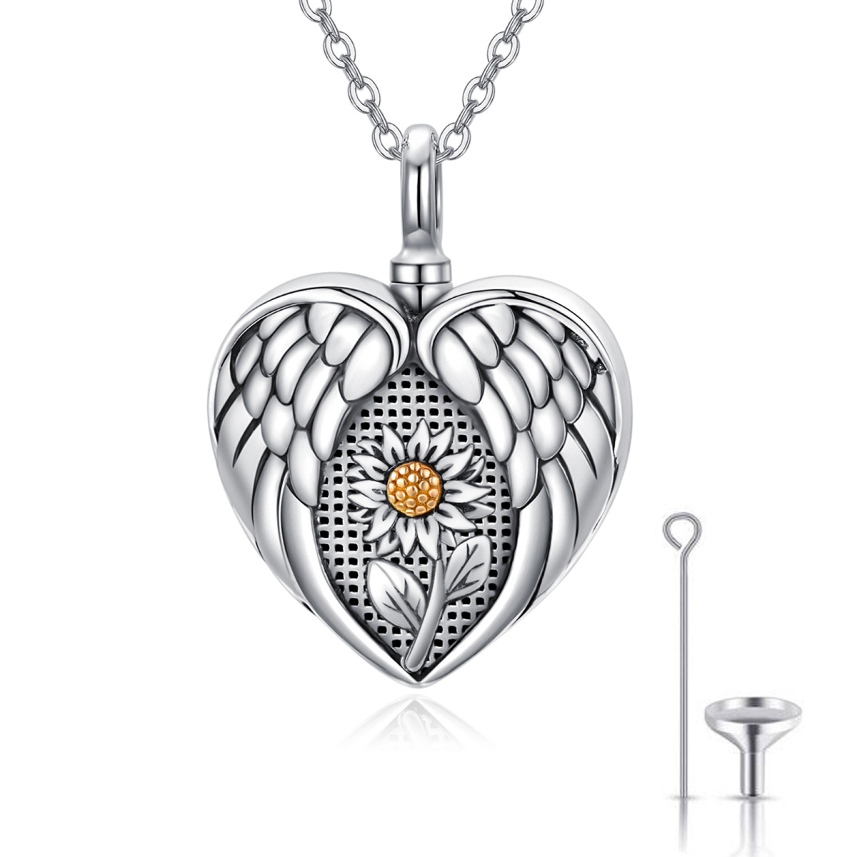 Sterling Silver Two-tone Sunflower & Angel Wing Urn Necklace for Ashes-1