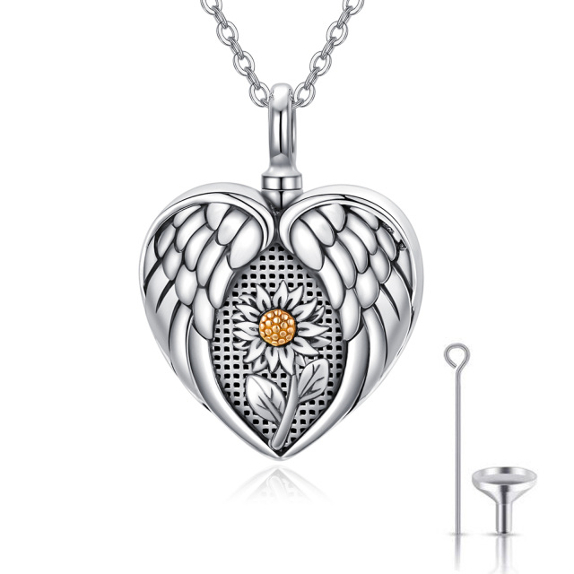 Sterling Silver Two-tone Sunflower & Angel Wing Urn Necklace for Ashes-0