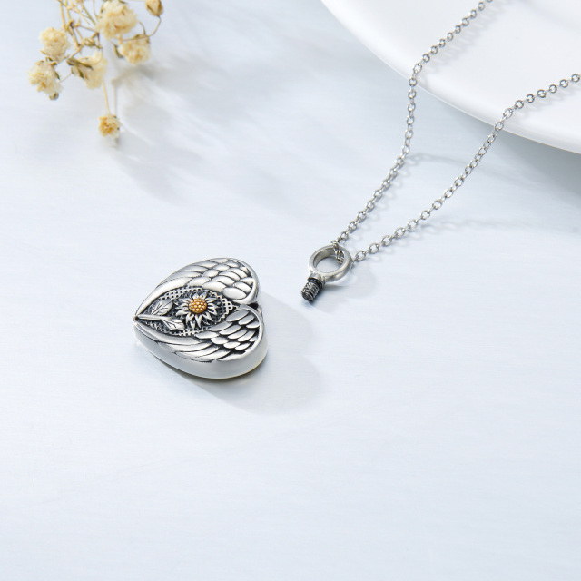 Sterling Silver Two-tone Sunflower & Angel Wing Urn Necklace for Ashes-3