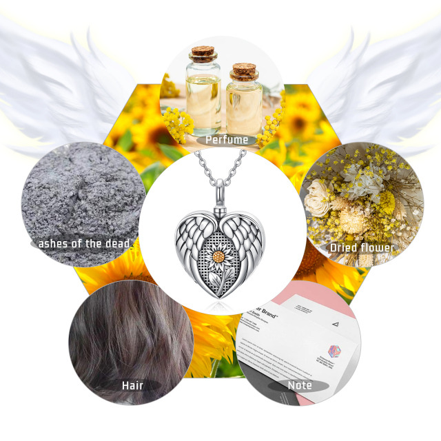 Sterling Silver Two-tone Sunflower & Angel Wing Urn Necklace for Ashes-5