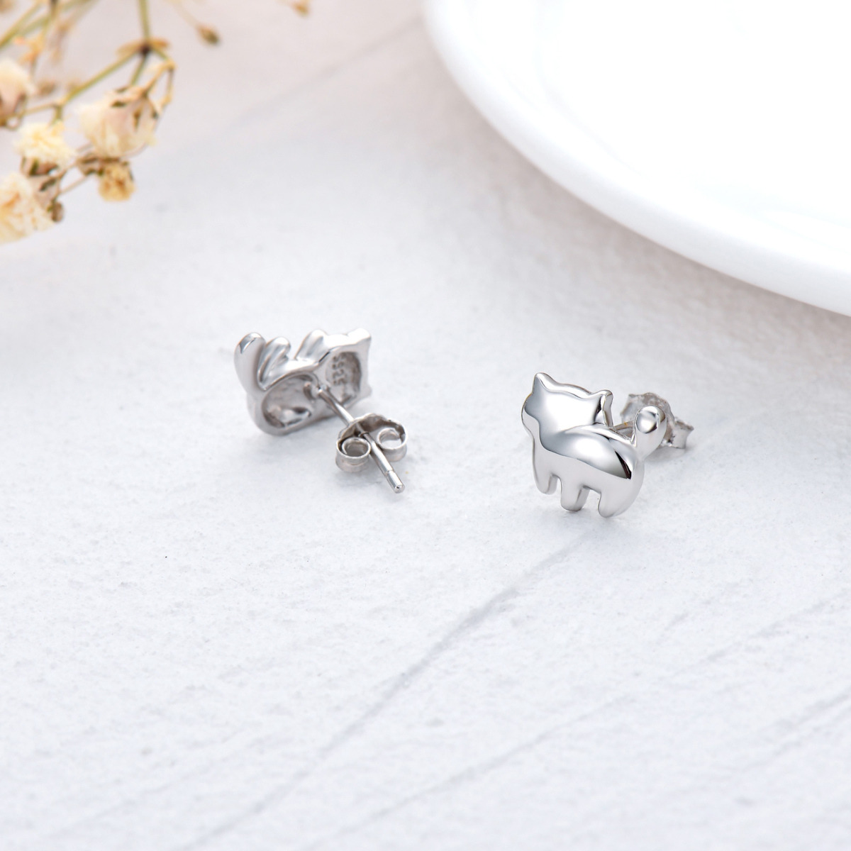 Sterling Silver Cat Stud Earrings-5