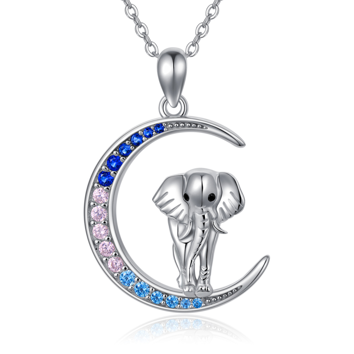 Sterling Silver Cubic Zirconia Elephant & Moon Pendant Necklace-1