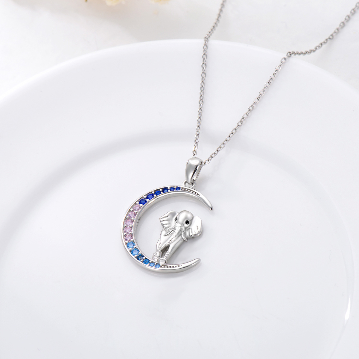 Sterling Silber Cubic Zirkonia Elefant & Mond Anhänger Halskette-4