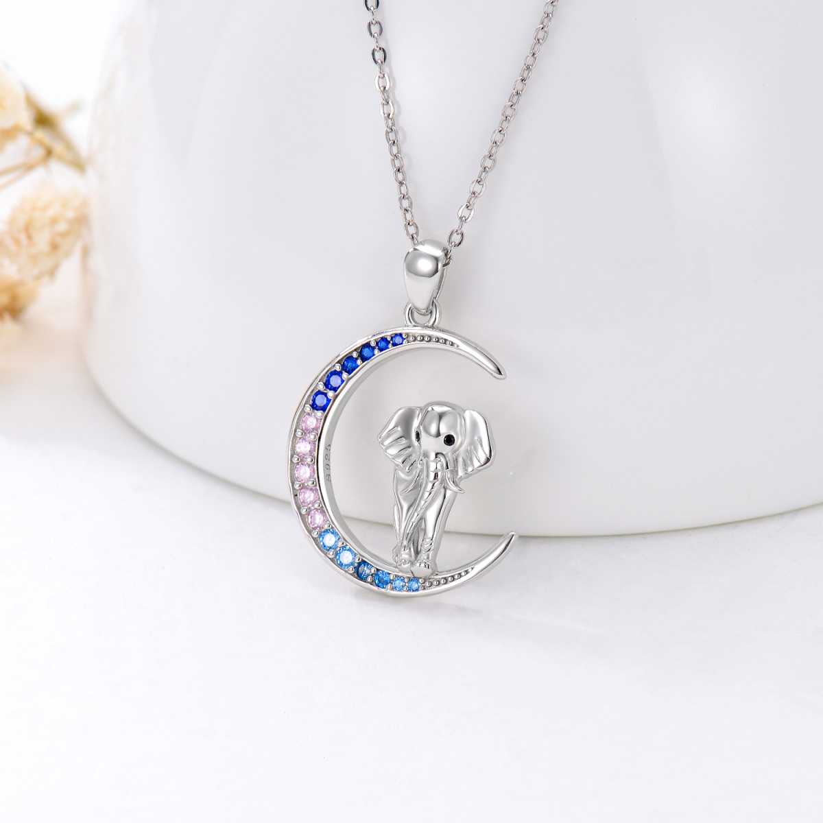 Sterling Silber Cubic Zirkonia Elefant & Mond Anhänger Halskette-5