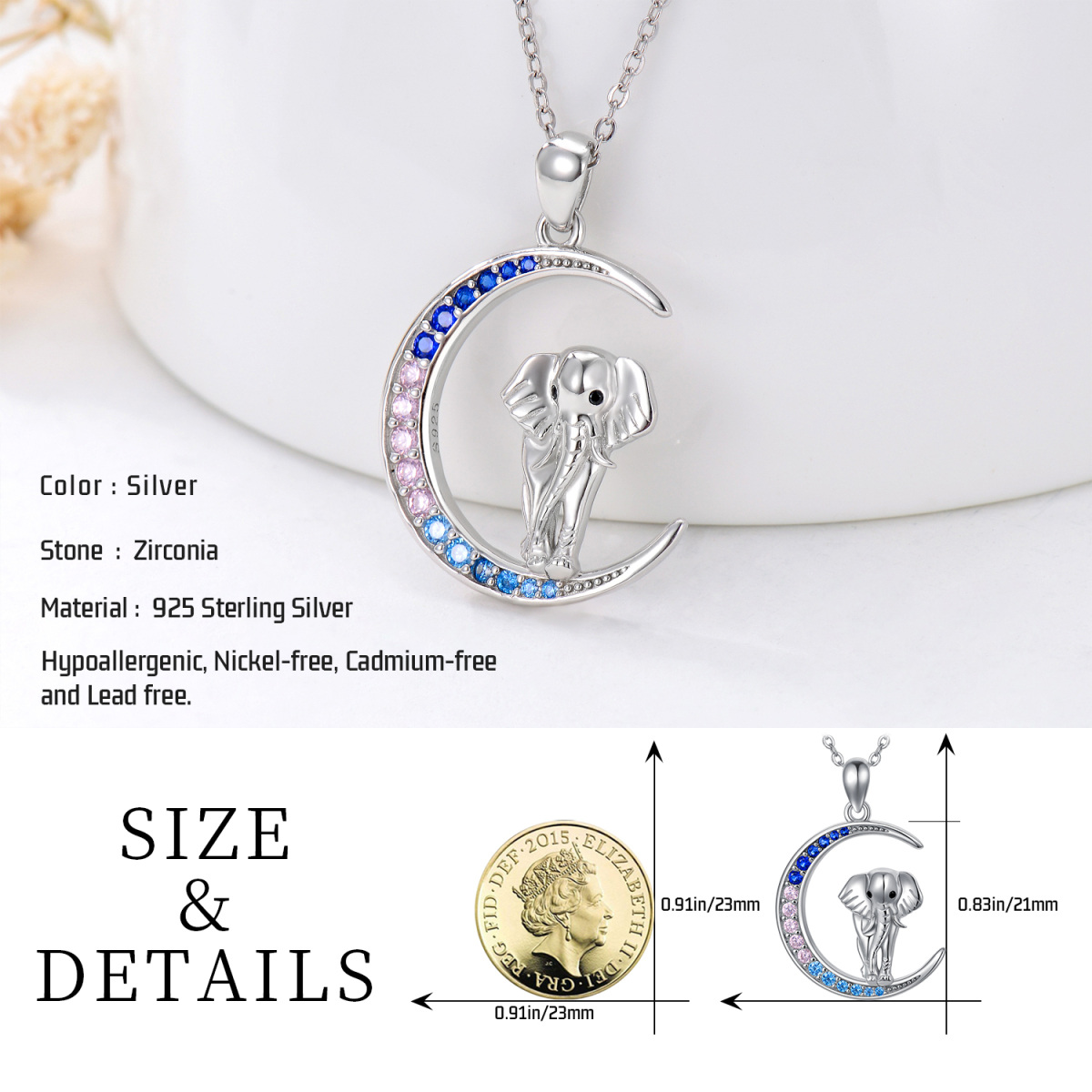 Sterling Silber Cubic Zirkonia Elefant & Mond Anhänger Halskette-6