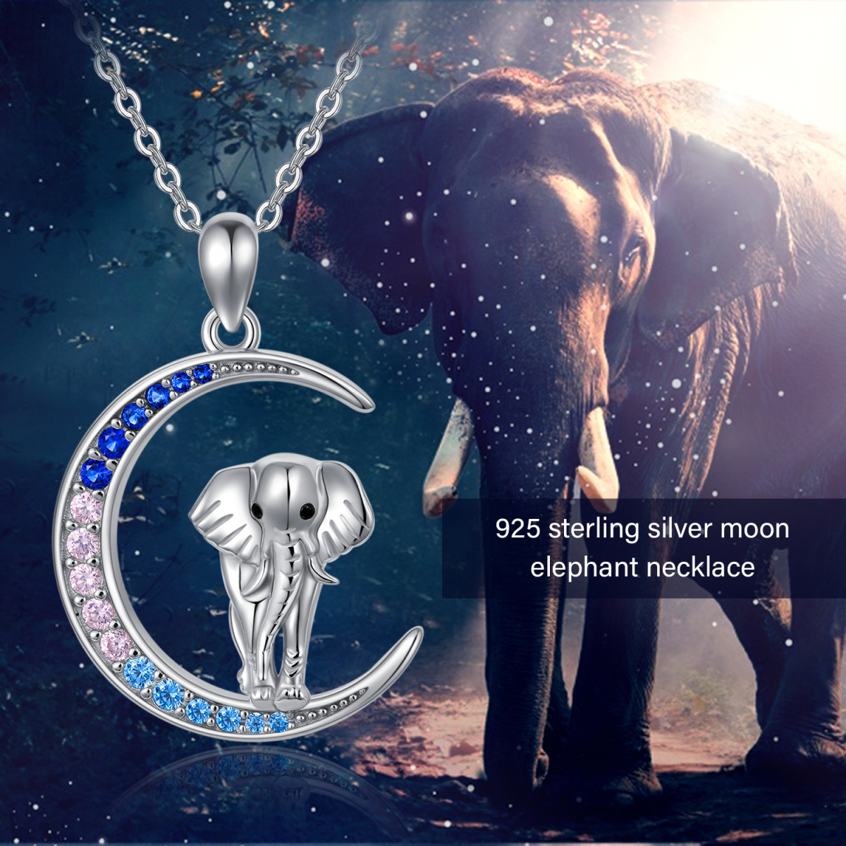 Sterling Silver Cubic Zirconia Elephant & Moon Pendant Necklace-7