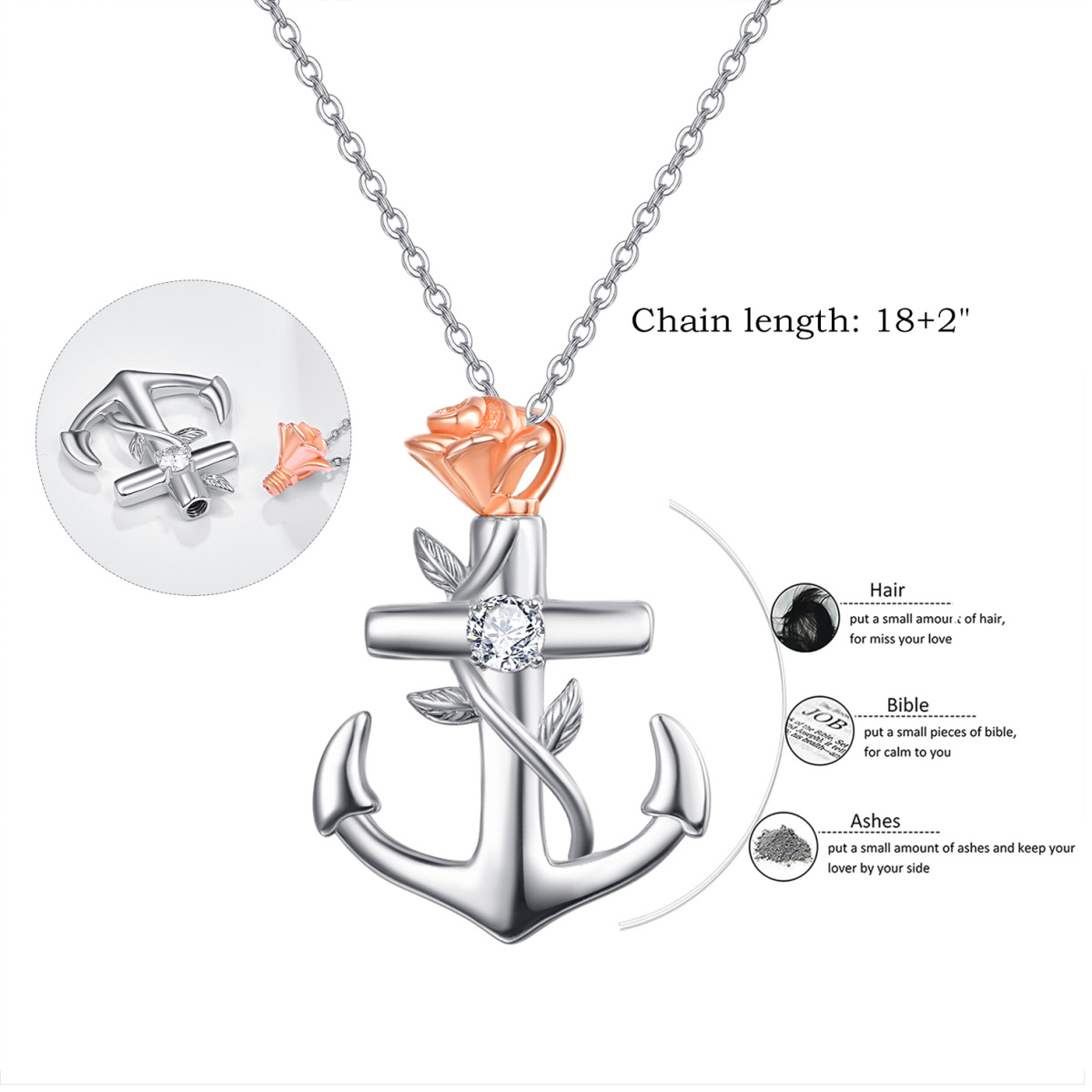 Sterling Silver Two-tone Cubic Zirconia Rose & Anchor Urn Necklace for Ashes-5