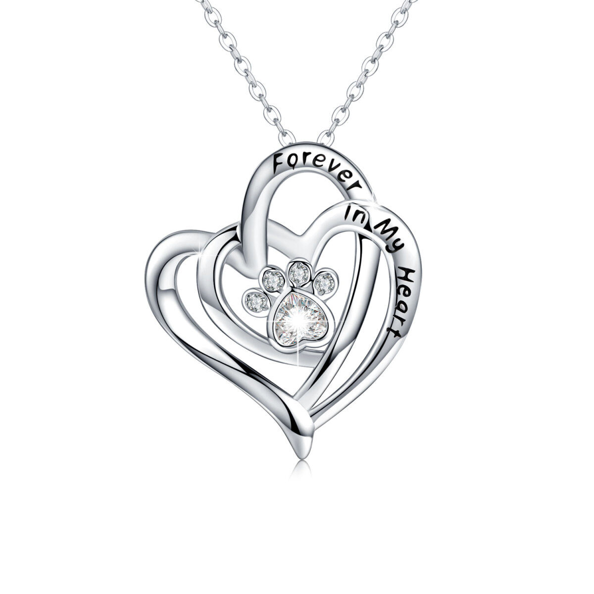 Sterling Silver Heart Shaped Crystal & Cubic Zirconia Dog & Paw & Heart Pendant Necklace with Engraved Word-1