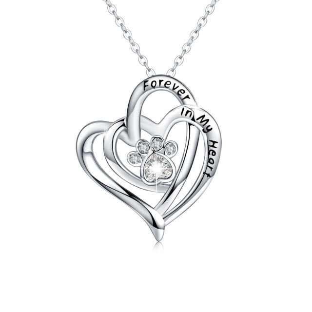Sterling Silver Heart Shaped Crystal & Cubic Zirconia Dog & Paw & Heart Pendant Necklace with Engraved Word-0