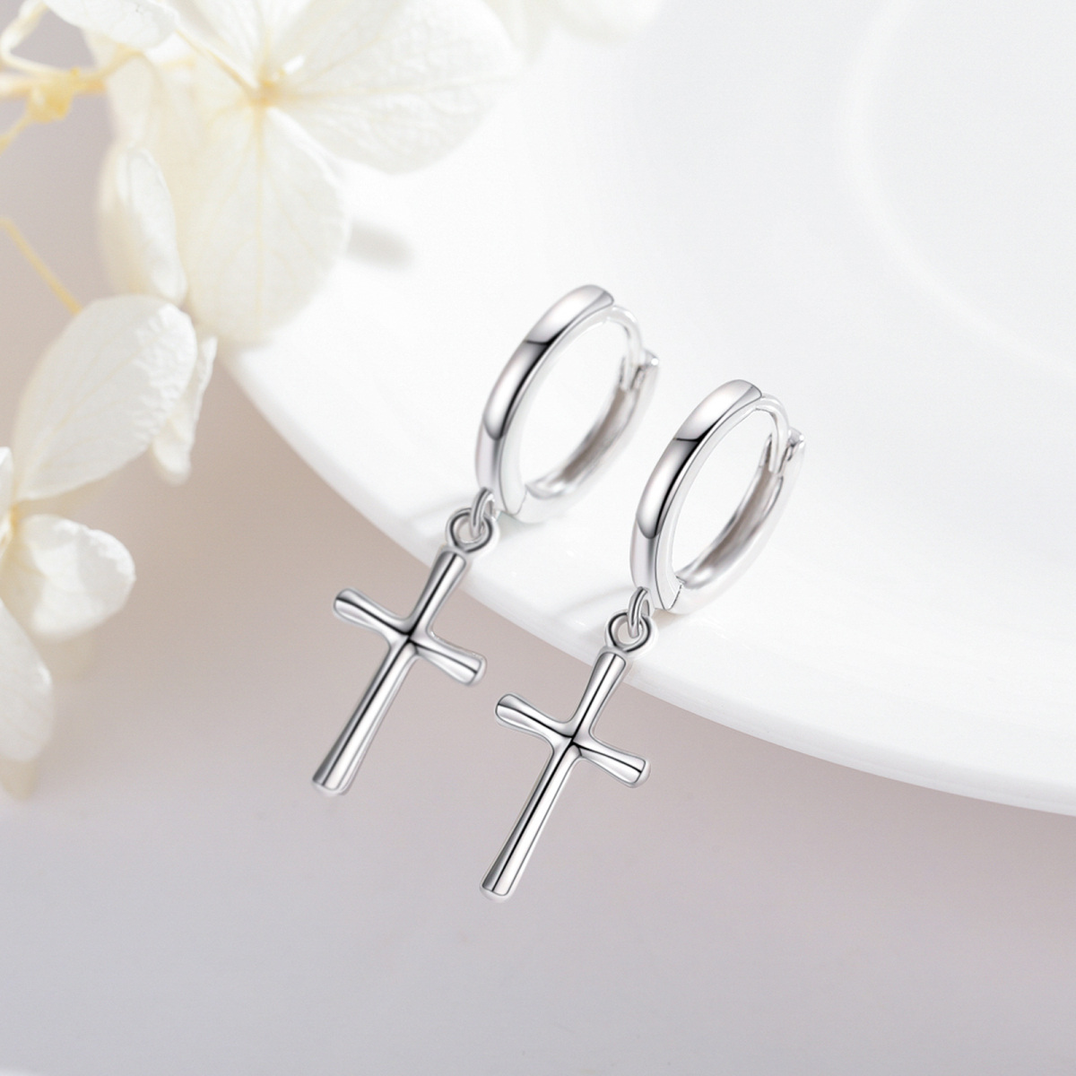 Sterling Silver Cross Hoop Earrings-4