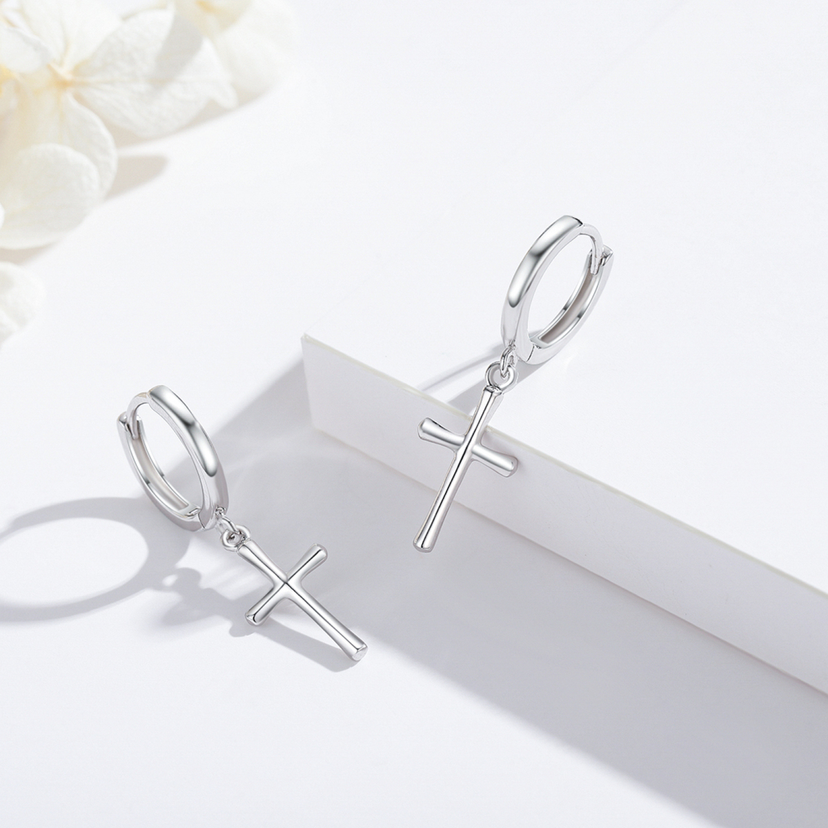 Sterling Silver Cross Hoop Earrings-5