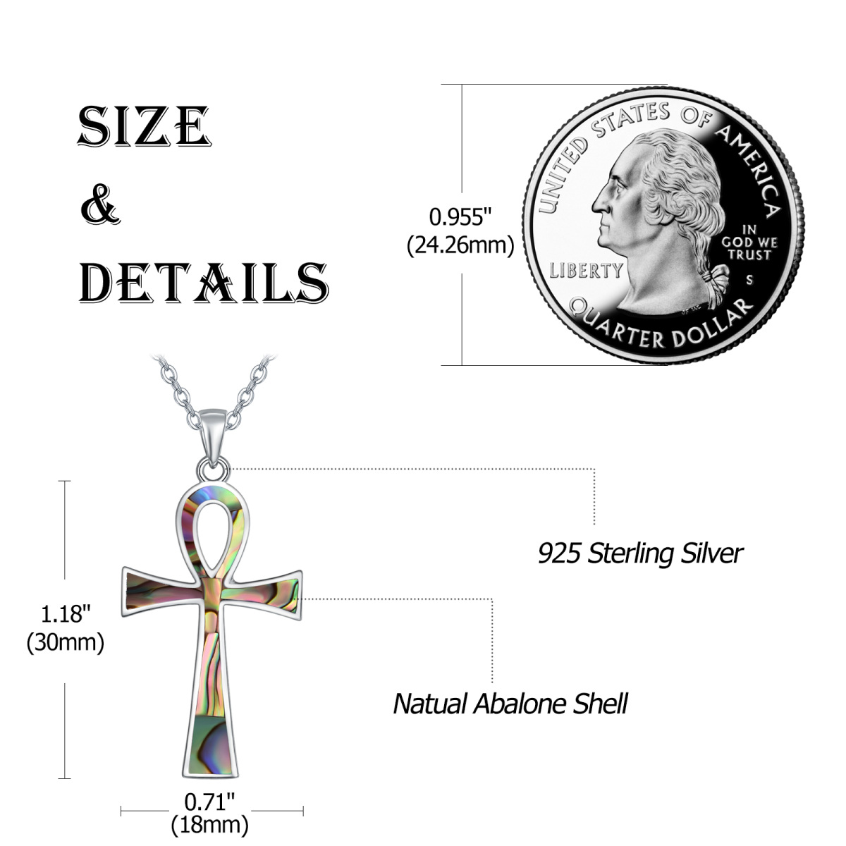 Sterling Silver Abalone Shellfish Ankh Pendant Necklace-4