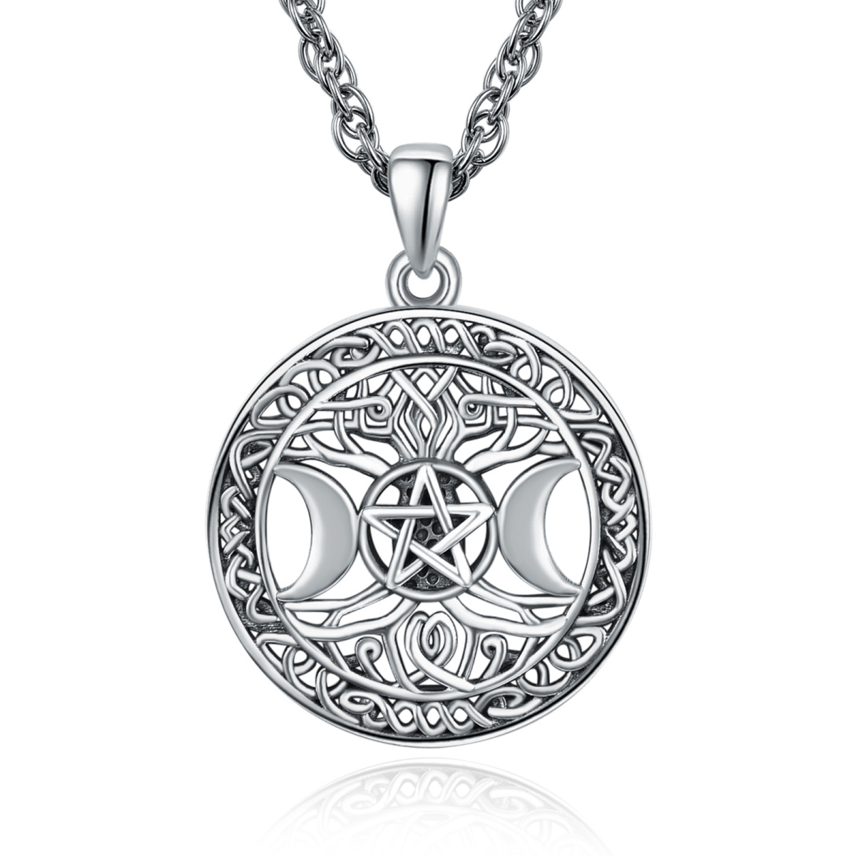 Sterling Silver with Black Rhodium Celtic Knot & Triple Moon Goddess Pendant Necklace-1