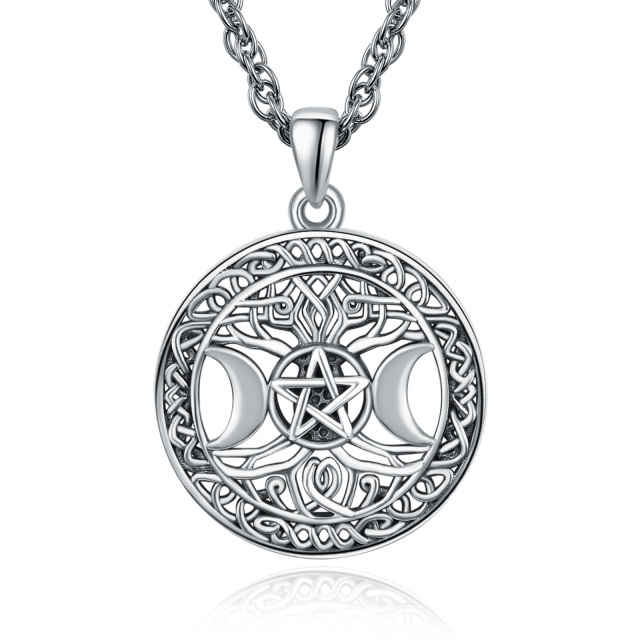 Colar com pingente de deusa tripla lua em prata esterlina com nó celta de ródio preto-0