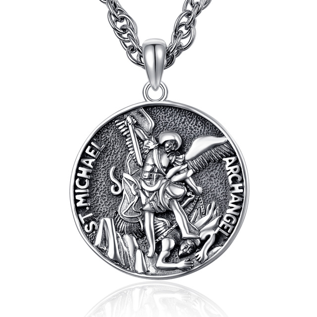 Sterling Silver Saint Michael Pendant Arch Angel Necklace with Engraved Word-0