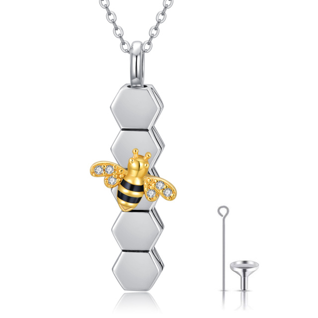 Sterling Silver Two-tone Circular Shaped Cubic Zirconia Bee & Honeycomb Urn Necklace for Ashes-2