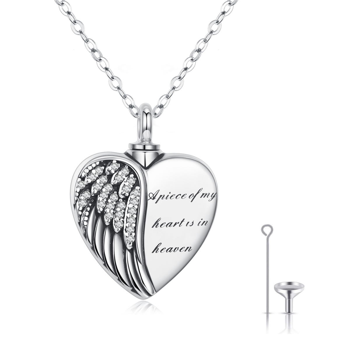 Sterling Silver Angel Wing A Piece of My Heart is in Heaven Urn Necklace for Ashes-1