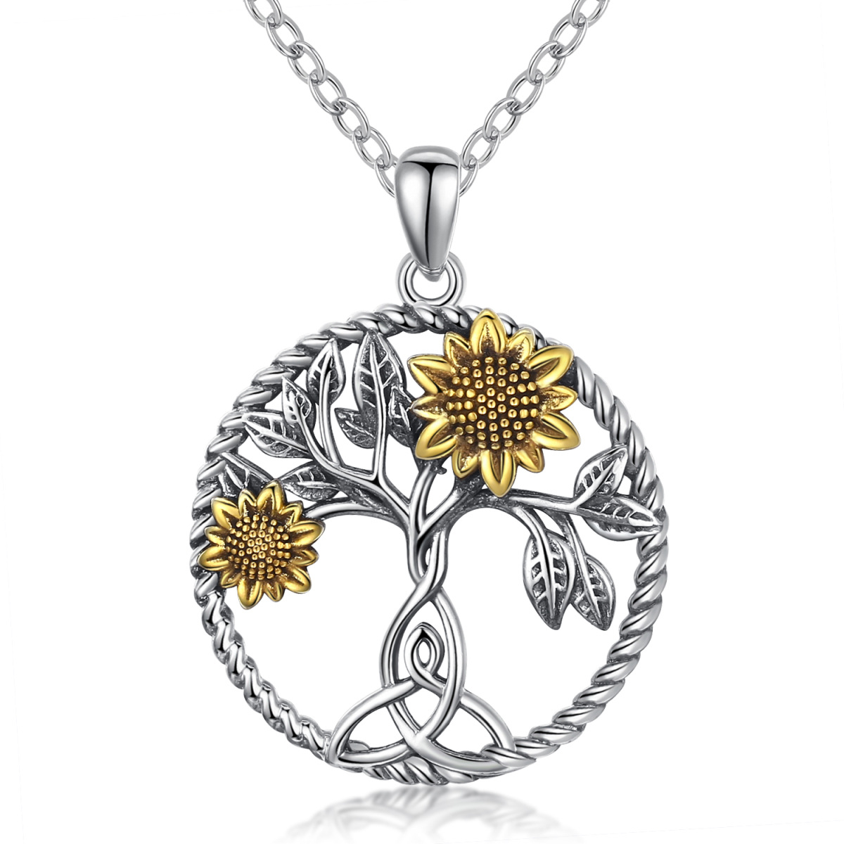 Sterling Silver Two-tone Sunflower & Celtic Knot Pendant Necklace-1
