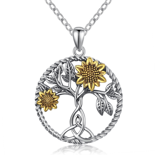 Sterling Silver Two-tone Sunflower & Celtic Knot Pendant Necklace-0