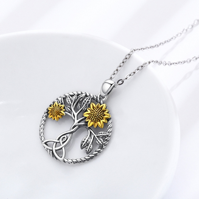 Sterling Silber zweifarbige Sonnenblume & Keltischer Knoten Anhänger Halskette-4